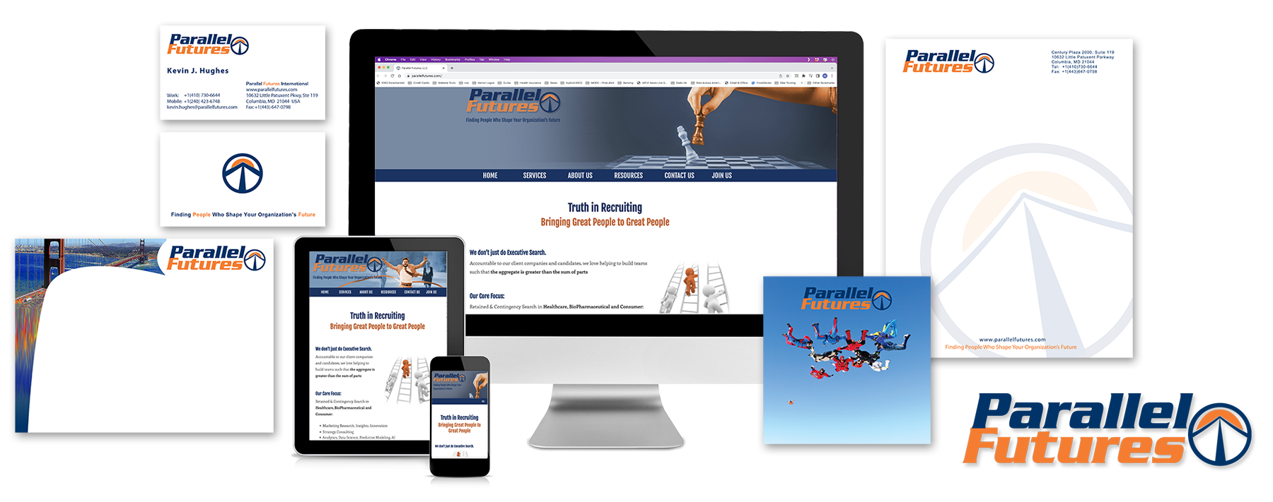 Branding Identity for Parallel Futures. Logo, website, business cards, letterhead, Powerpoint presentation